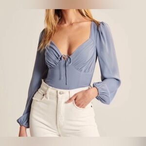 NWOT A&F blue long sleeve satin ruched tie front top never worn size medium